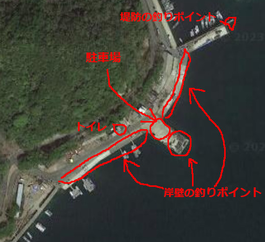 古和浦漁港の釣りポイント航空写真