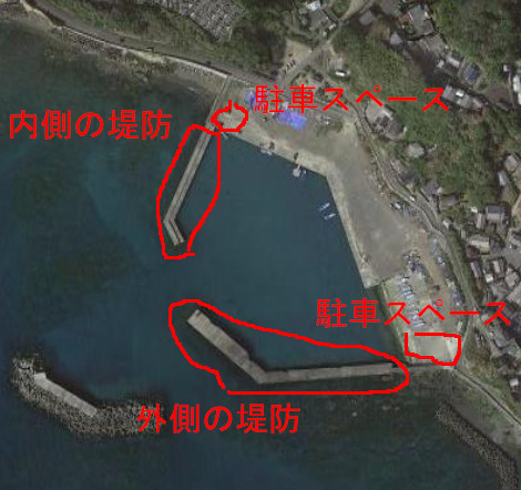 片田漁港の釣りポイント航空写真